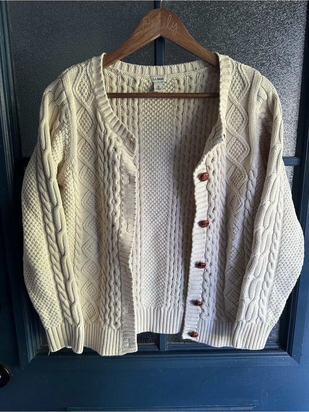 L.L. Bean Cream Cable-Knit Button Cardigan